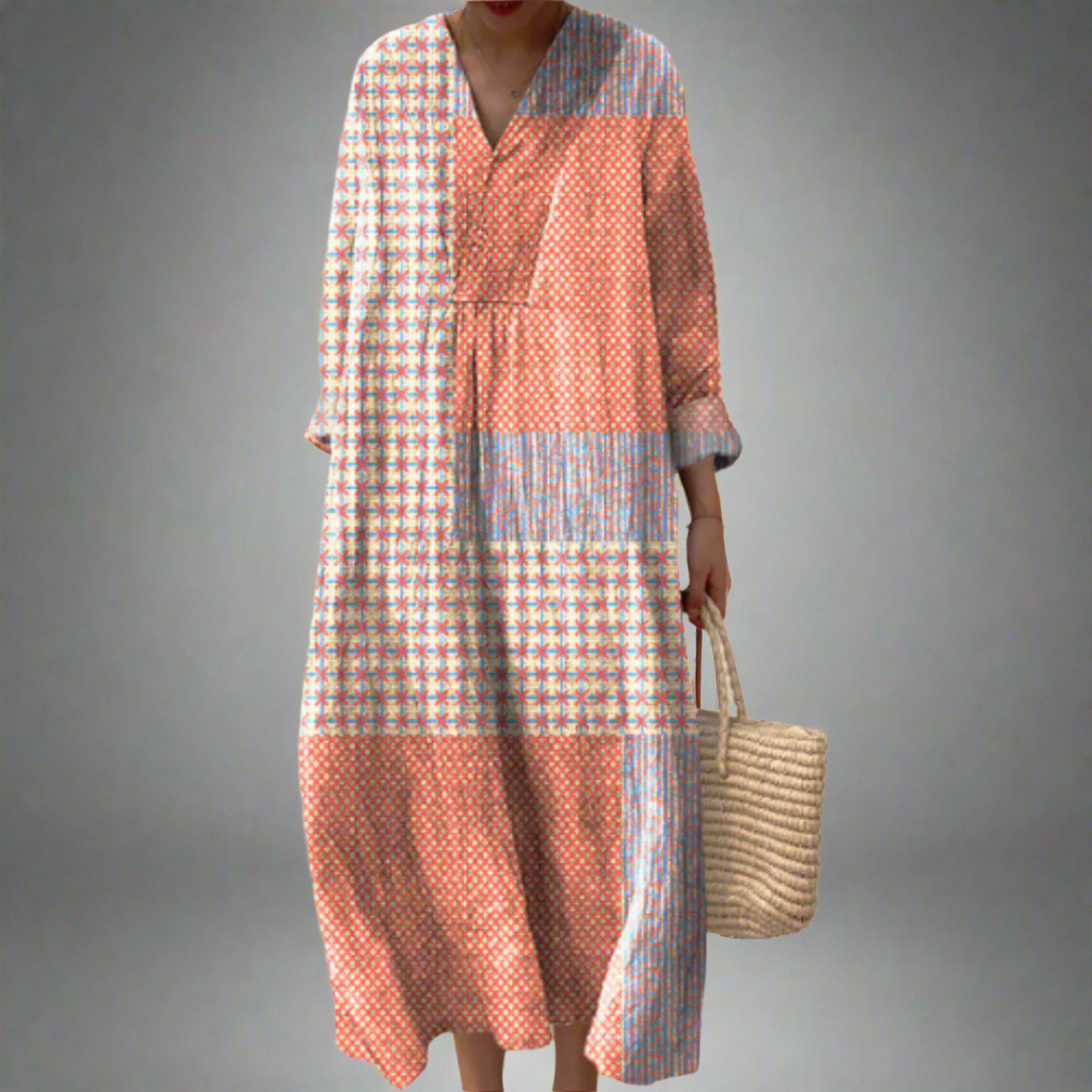 Nora™ | Vestido midi de patchwork con estampado de corales y estrellas