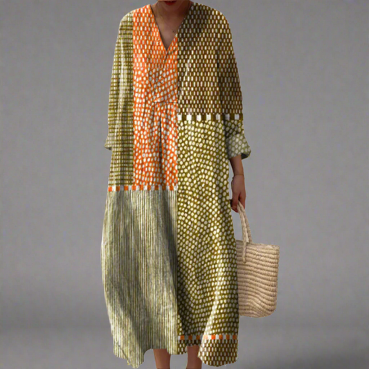 Vestido midi de patchwork con puntos en tonos tierra Vivienne™