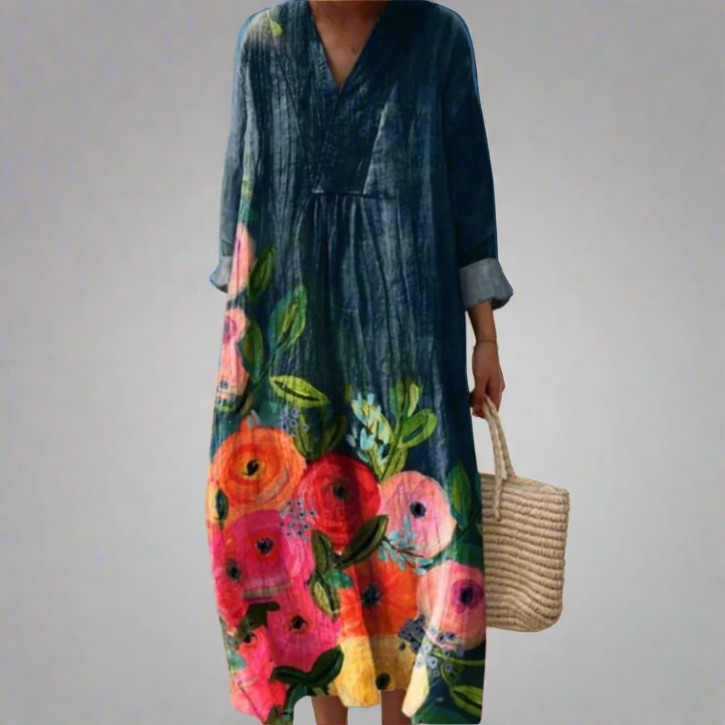 Poppy™ | Vestido largo de algodón con estampado de flores acuarela