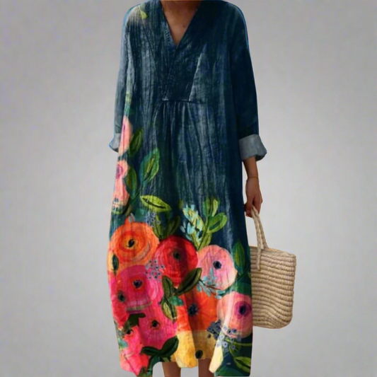 Poppy™ | Vestido largo de algodón con estampado de flores acuarela