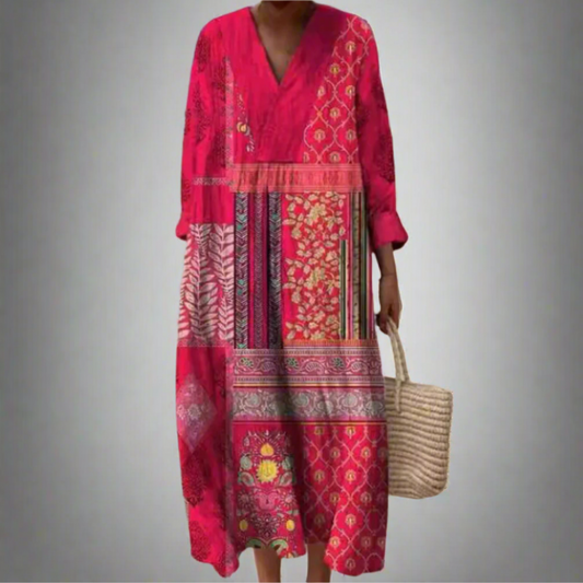Maisie™ | Vestido midi boho con patchwork y mangas largas